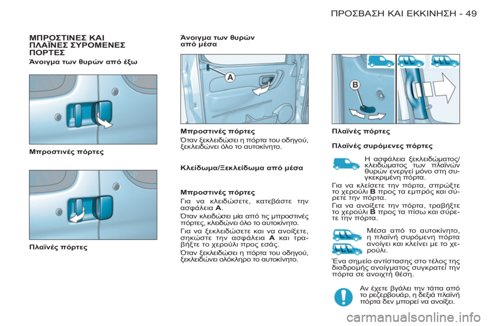 CITROEN BERLINGO FIRST 2011  ΟΔΗΓΌΣ ΧΡΉΣΗΣ (in Greek) 49ΠΡΟΣΒΑΣΗ ΚΑΙ ΕΚΚΙΝΗΣΗ-
 
ΜΠΡΟΣΤΙΝΕΣ ΚΑΙ 
ΠΛΑΪΝΕΣ ΣΥΡΟΜΕΝΕΣ 
ΠΟΡΤΕΣ 
 
 
 
Μπροστινές πόρτες 
 
   
Πλαϊνές πόρτες 
