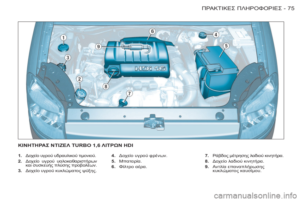 CITROEN BERLINGO FIRST 2011  ΟΔΗΓΌΣ ΧΡΉΣΗΣ (in Greek) 75ΠΡΑΚΤΙΚΕΣ ΠΛΗΡΟΦΟΡΙΕΣ-
 
 
 
1.  Δοχείο υγρού υδραυλικού τιμονιού. 
   
2.  Δοχείο υγρού υαλοκαθαριστήρων 
και συσκ