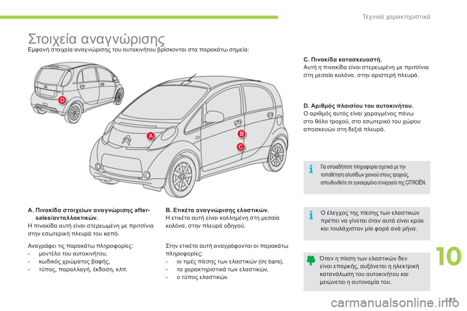 CITROEN C-ZERO 2011  ΟΔΗΓΌΣ ΧΡΉΣΗΣ (in Greek) 10
i
i
Τε χ ν ι κ ά χαρακτηριστικά
123
   
 
 
 
 
 
 
 
 
 
 
 
 
 
Στ ο ι χε ί α αναγνώρισης  
Εμφανή στοιχεία αναγνώρισης του α
