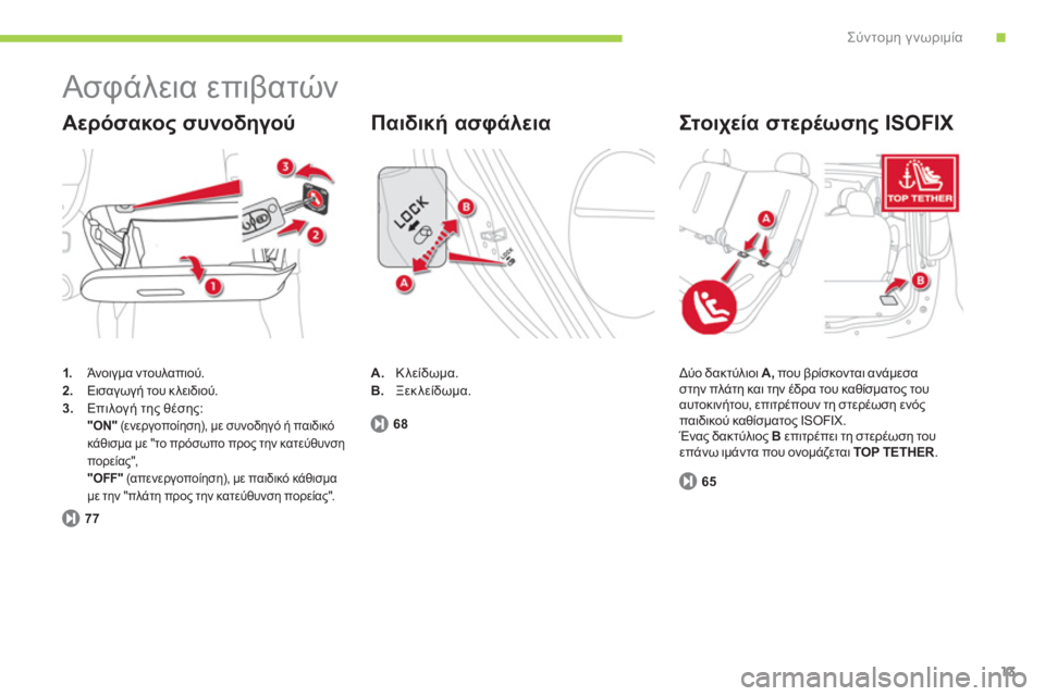 CITROEN C-ZERO 2011  ΟΔΗΓΌΣ ΧΡΉΣΗΣ (in Greek) .Σύντομη γνωριμία
13
  Ασφάλεια επιβατών 
1.Άνοιγμα ντουλαπιού.2.Εισαγωγή του κλειδιού. 3.Επιλογή της θέσης:"ON"(εν