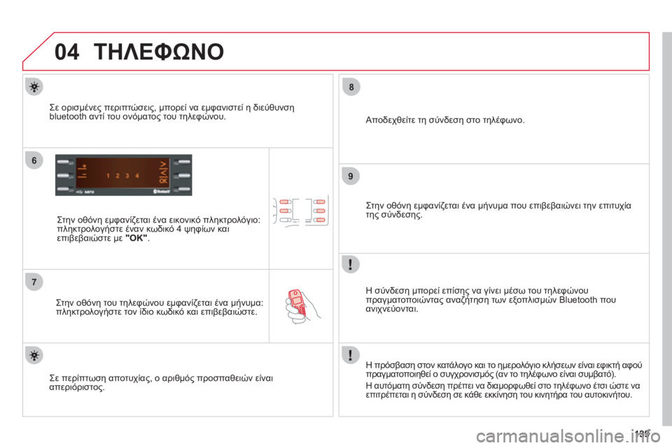 CITROEN C-ZERO 2011  ΟΔΗΓΌΣ ΧΡΉΣΗΣ (in Greek) 04
6
7
8
9
ΤΗΛΕΦΩΝΟ
   
Στην οθόνη εμφανίζεται ένα εικονικό πληκτρολόγιο:πληκτρολογήστε έναν κωδικό 4 ψηφίων και ε