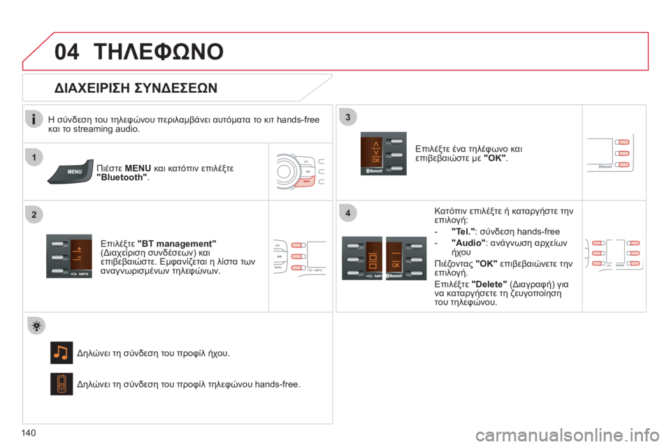 CITROEN C-ZERO 2011  ΟΔΗΓΌΣ ΧΡΉΣΗΣ (in Greek)  1
2
3
04
4
140
ΤΗΛΕΦΩΝΟ
Η σύνδεση του τηλεφώνου περιλαμβάνει αυτόματα το κιτ hands-free 
και το streaming audio.
Πι
έστε MENUκαι κ