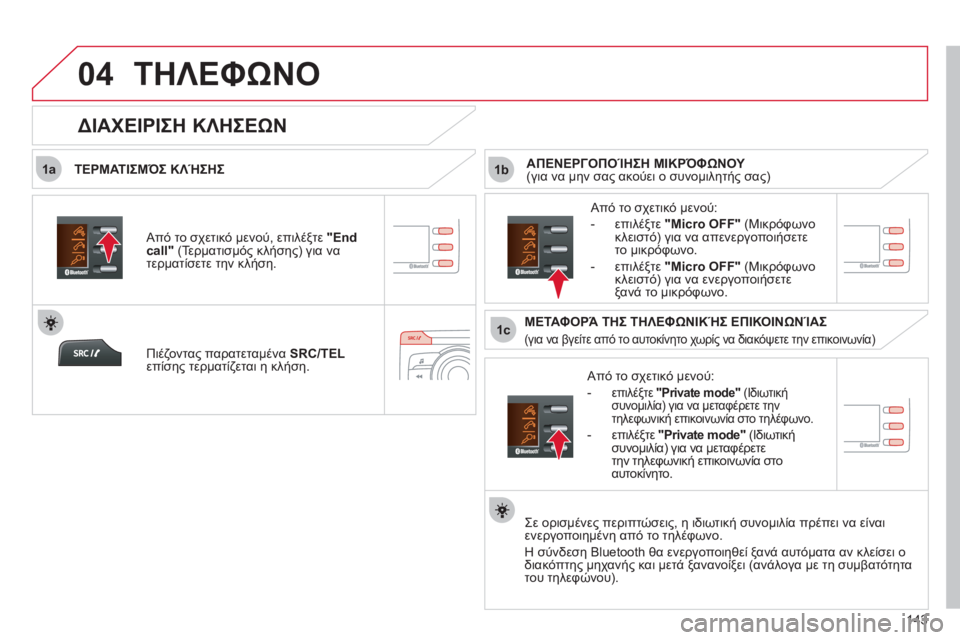 CITROEN C-ZERO 2011  ΟΔΗΓΌΣ ΧΡΉΣΗΣ (in Greek)  
1a
1c
1b
04
143
ΤΗΛΕΦΩΝΟ
   
ΤΕΡΜΑΤΙΣΜΌΣ ΚΛΉΣΗΣ 
   
Από το σχετικό μενού: 
   
-
επιλέξτε  "Private mode"  (Ιδιωτική
συνομιλία) γ
