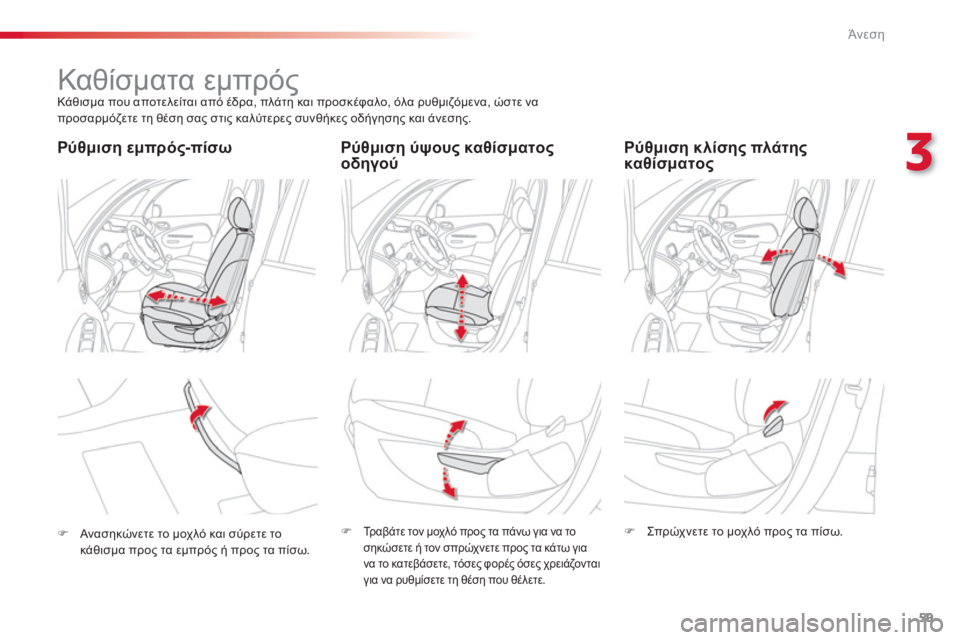 CITROEN C3 PICASSO 2014  ΟΔΗΓΌΣ ΧΡΉΣΗΣ (in Greek) 3
Άνεση
59
   
 
 
 
 
 
 
 
Καθίσματα εμπρός  
Κάθισμα που αποτελείται από έδρα, πλάτη και προσκέφαλο, όλα ρυθμιζόμενα,