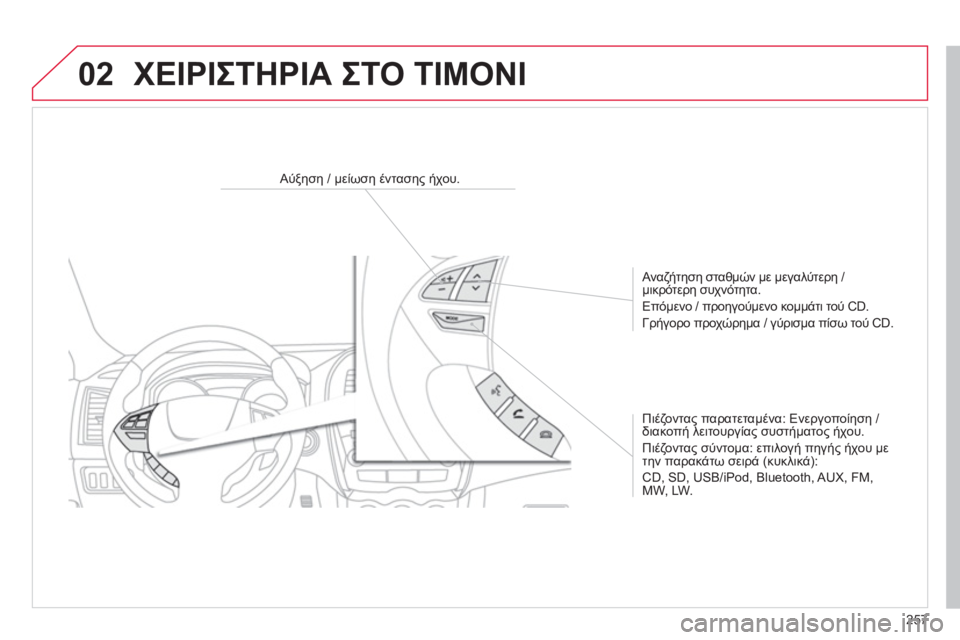 CITROEN C4 AIRCROSS 2014  ΟΔΗΓΌΣ ΧΡΉΣΗΣ (in Greek) 257
02
   
 
 
 
 
 
 
Αύξηση / μείωση έντασης ήχου.  
   
Αναζήτηση σταθμών με μεγαλύτερη / 
μικρότερη συχνότητα. 
  Επόμεν