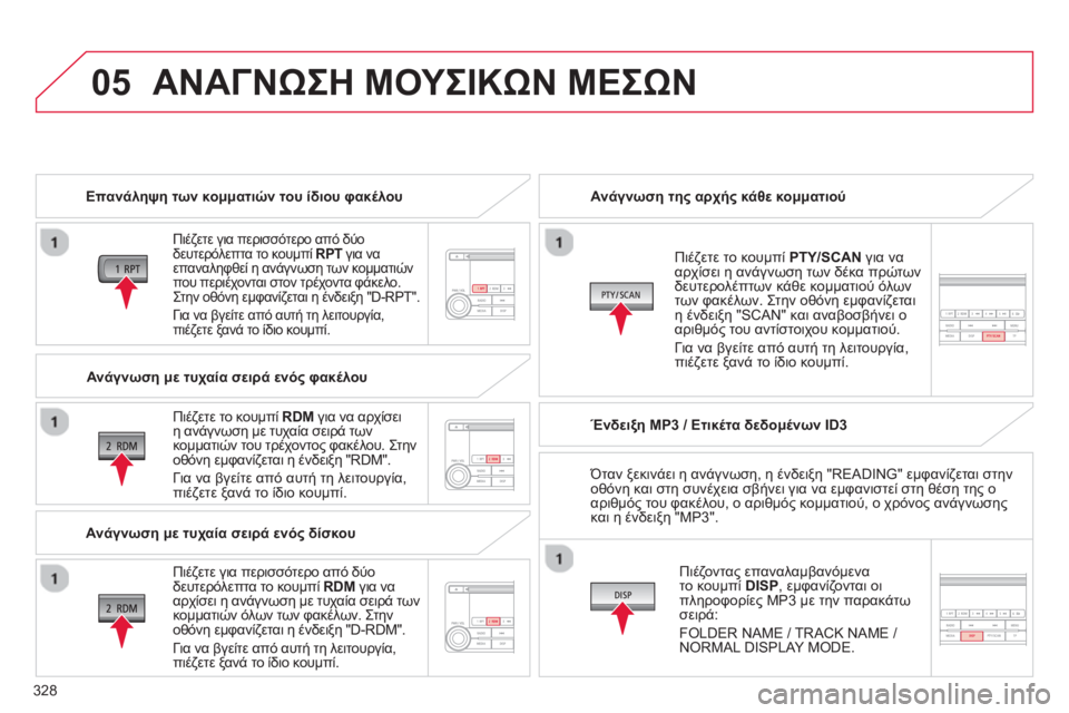 CITROEN C4 AIRCROSS 2014 ΟΔΗΓΌΣ ΧΡΉΣΗΣ (in Greek) 328
05 ΑΝΑΓΝΩΣΗ ΜΟΥΣΙΚΩΝ ΜΕΣΩΝ
Επανάληψη των κομματιών του ίδιου φακέλου
Πιέζετε για περισσότερο από δύ CITROEN C4 AIRCROSS 2014 ΟΔΗΓΌΣ ΧΡΉΣΗΣ (in Greek) 328
05 ΑΝΑΓΝΩΣΗ ΜΟΥΣΙΚΩΝ ΜΕΣΩΝ
Επανάληψη των κομματιών του ίδιου φακέλου
Πιέζετε για περισσότερο από δύ