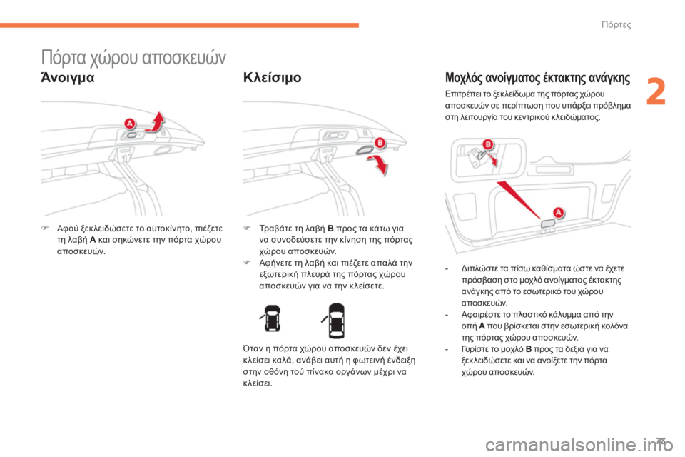 CITROEN C4 AIRCROSS 2014  ΟΔΗΓΌΣ ΧΡΉΣΗΣ (in Greek) 73
2
Πόρτες
   
 
 
 
 
 
 
 
 
 
 
Πόρτα χώρου αποσκευών 
 
 
Άνοιγμα 
 
 
 
�) 
 Αφού ξεκ λειδώσετε το αυτοκίνητο, πιέζετε 
τη λ