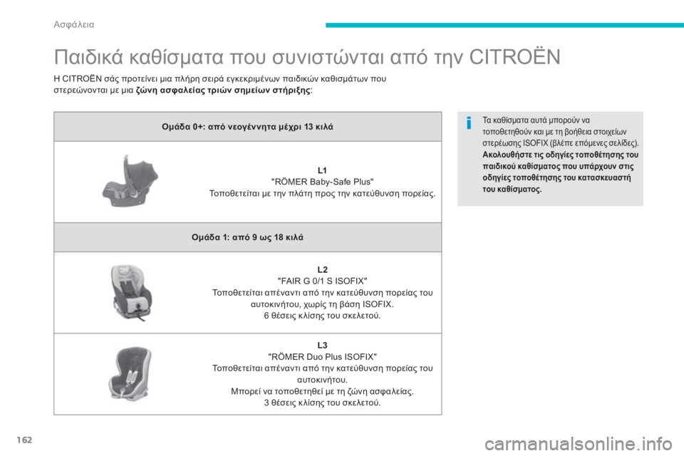 CITROEN C4 AIRCROSS 2013  ΟΔΗΓΌΣ ΧΡΉΣΗΣ (in Greek) 162
Ασφάλεια
   
 
 
 
 
Παιδικά καθίσματα που συνιστώνται από την CITROËN 
Ομάδα 0+: από νεογέννητα μέχρι 13 κιλά
L1"RÖMER Bab