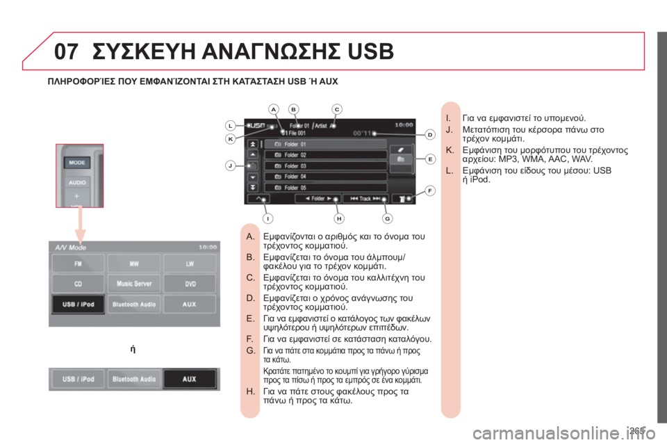 CITROEN C4 AIRCROSS 2013  ΟΔΗΓΌΣ ΧΡΉΣΗΣ (in Greek) 265
07ΣΥΣΚΕΥΗ ΑΝΑΓΝΩΣΗΣ USB 
Εμφανίζονται ο αριθμός και το όνομα του 
 
 
 
A.  τρέχοντος κομματιού.
Εμφανίζεται το όν