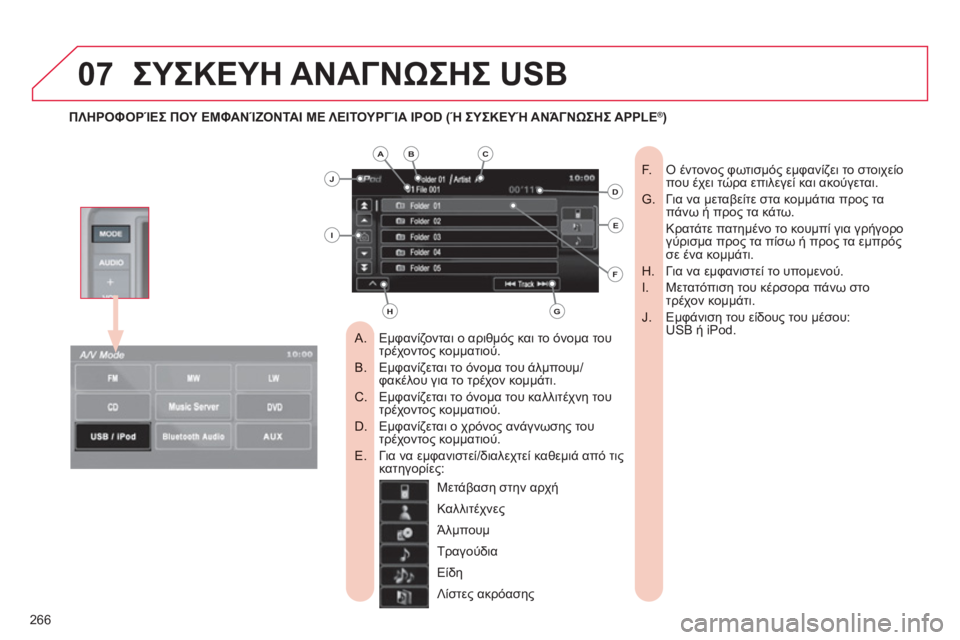 CITROEN C4 AIRCROSS 2013  ΟΔΗΓΌΣ ΧΡΉΣΗΣ (in Greek) 266
07ΣΥΣΚΕΥΗ ΑΝΑΓΝΩΣΗΣ USB 
Εμφανίζονται ο αριθμός και το όνομα του 
 
 
 
A.  τρέχοντος κομματιού.
Εμφανίζεται το όν