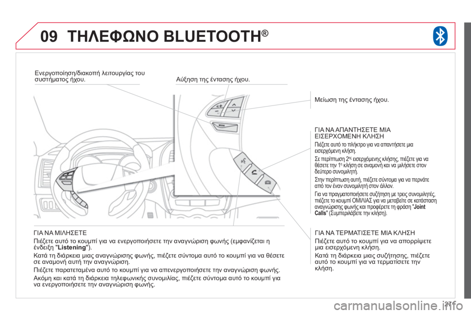 CITROEN C4 AIRCROSS 2013  ΟΔΗΓΌΣ ΧΡΉΣΗΣ (in Greek) 271
09ΤΗΛΕΦΩΝΟ BLUETOOTH ®
   ΓΙΑ ΝΑ ΜΙΛΗΣΕΤΕ 
  Πιέζετε αυτό το κουμπί για να ενεργοποιήσετε την αναγνώριση φωνής 
(εμ