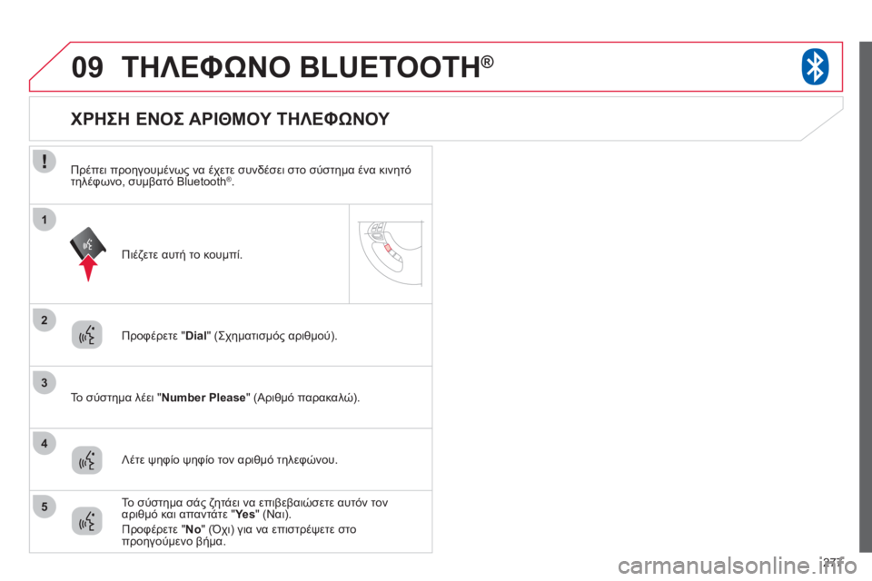 CITROEN C4 AIRCROSS 2013  ΟΔΗΓΌΣ ΧΡΉΣΗΣ (in Greek) 277
09
2
3
1
4
5
ΤΗΛΕΦΩΝΟ BLUETOOTH®
Προφέρετε "Dial 
" (Σχηματισμός αριθμού).
   
Το σύστημα λέει " Number Pleas
e 
" (Αριθμό παρακαλώ).