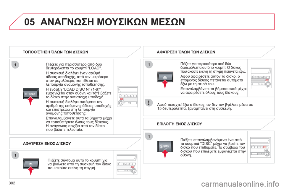 CITROEN C4 AIRCROSS 2013  ΟΔΗΓΌΣ ΧΡΉΣΗΣ (in Greek) 302
05
1
1
1
1
ΑΝΑΓΝΩΣΗ ΜΟΥΣΙΚΩΝ ΜΕΣΩΝ
ΤΟΠΟΘΈΤΗΣΗ ΌΛΩΝ ΤΩΝ ΔΊΣΚΩΝ
   
Πιέ
ζετε για περισσότερο από δύο
δευτερόλεπτα 
