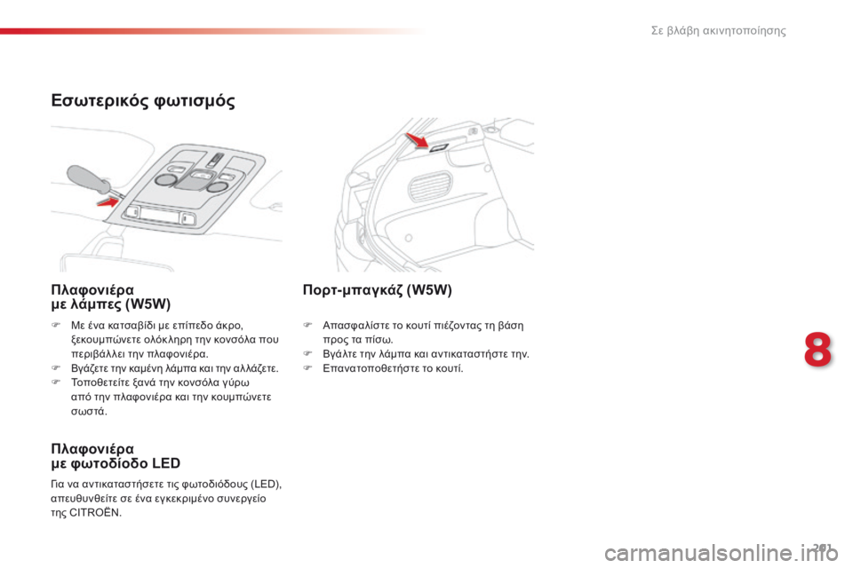 CITROEN C4 CACTUS 2016  ΟΔΗΓΌΣ ΧΡΉΣΗΣ (in Greek) 201
C4-cactus_el_Chap08_En-cas-de-panne_ed01-2015
F Με ένα κατσαβίδι με επίπεδο άκρο, 
ξεκουμπώνετε ολόκ ληρη την κονσόλα που 
περιβά