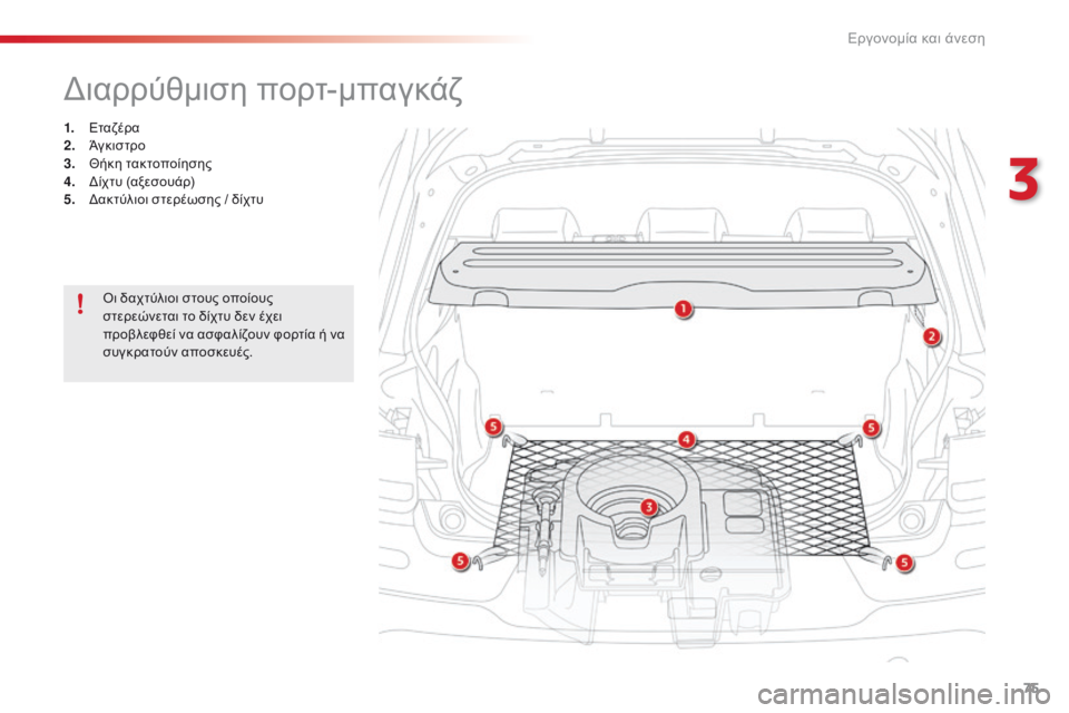 CITROEN C4 CACTUS 2016  ΟΔΗΓΌΣ ΧΡΉΣΗΣ (in Greek) 75
C4-cactus_el_Chap03_Ergonomie-et-confort_ed01-2015
διαρρύθμιση πορτ-μπαγκάζ
1. Εταζέρα
2. Άγκ ισ τρο
3.
 Θήκ

η τακτοποίησης
4.
  δίχ

τυ (