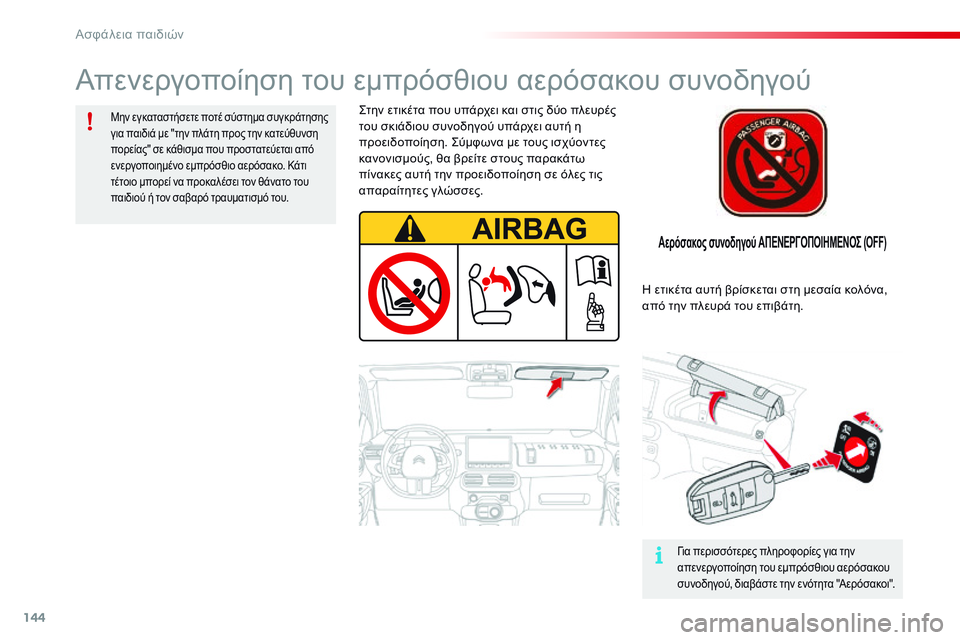 CITROEN C4 CACTUS 2015  ΟΔΗΓΌΣ ΧΡΉΣΗΣ (in Greek) 144
C4-cactus_el_Chap08_securite-enfants_ed02-2014
Αερόσακος συνοδηγού ΑΠΕΝΕΡΓΟΠΟΙΗΜΕΝΟΣ (OFF)
ςτην ετικέτα που υπάρχει και στις δύο 