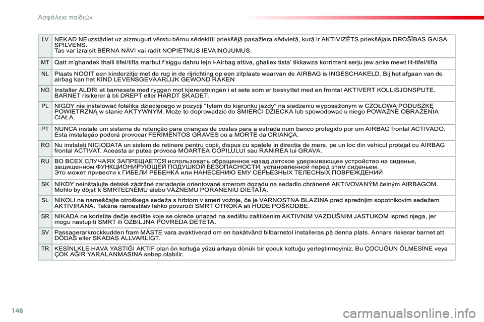CITROEN C4 CACTUS 2015  ΟΔΗΓΌΣ ΧΡΉΣΗΣ (in Greek) 146
LVNEK AD NEuzstādiet uz aizmuguri vērstu bērnu sēdeklīti priekšējā pasažiera sēdvietā, kurā ir AKTIVIZĒTS priekšējais DROŠĪBAS GAISA 
S P I LV E N S .
Tas var izraisīt BĒRNA NĀ