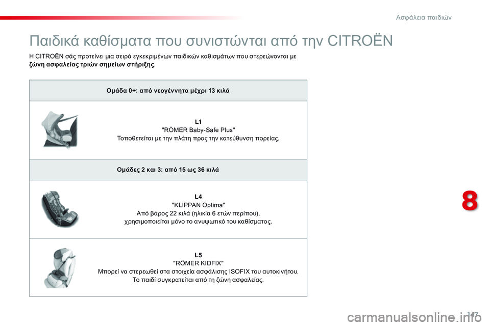 CITROEN C4 CACTUS 2015  ΟΔΗΓΌΣ ΧΡΉΣΗΣ (in Greek) 147
C4-cactus_el_Chap08_securite-enfants_ed02-2014
Παιδικά καθίσματα που συνιστώνται από την CITROËN
Ομάδα 0+: από νεογέννητα μέχρι 13 κι