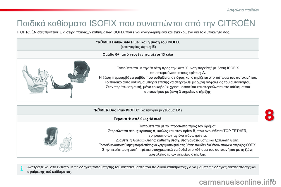 CITROEN C4 CACTUS 2015  ΟΔΗΓΌΣ ΧΡΉΣΗΣ (in Greek) 151
C4-cactus_el_Chap08_securite-enfants_ed02-2014
Παιδικά καθίσματα ISOFIX που συνιστώνται από την CITROËN
"RÖMER Baby- Safe Plus" και η βάση τ