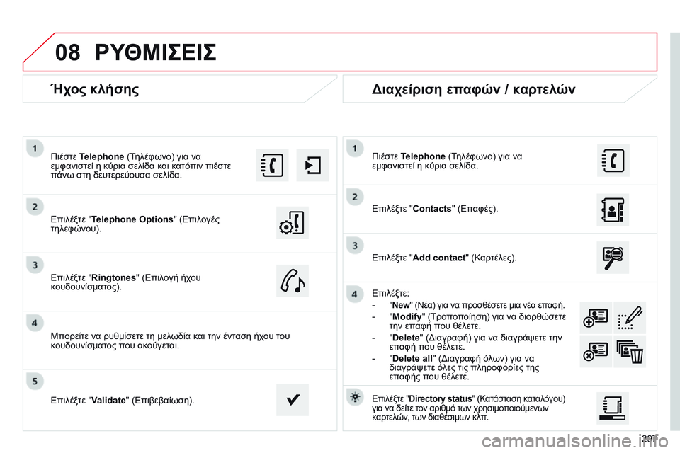 CITROEN C4 CACTUS 2015  ΟΔΗΓΌΣ ΧΡΉΣΗΣ (in Greek) 08
297
Ήχος κλήσης
Επιλέξτε "Telephone Options " (Επιλογές 
τηλεφώνου). Πιέστε Telephone (Τηλέφωνο) για να 
εμφανιστεί η κύρ