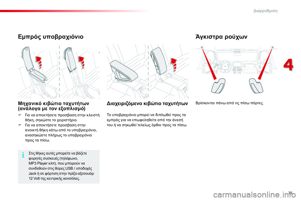 CITROEN C4 CACTUS 2015  ΟΔΗΓΌΣ ΧΡΉΣΗΣ (in Greek) 73
C4-cactus_el_Chap04_amenagements_ed02-2014
Άγκιστρα ρούχων
Βρίσκονται πάνω από τις πίσω πόρτες.Διαχειριζόμενο κιβώτιο ταχυτήτ