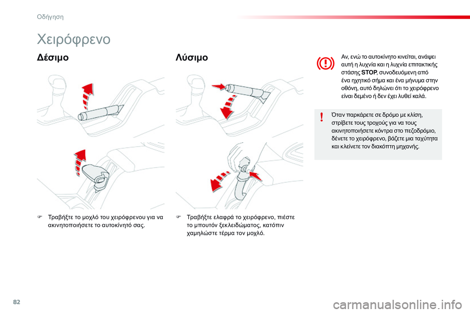 CITROEN C4 CACTUS 2015  ΟΔΗΓΌΣ ΧΡΉΣΗΣ (in Greek) 82
C4-cactus_el_Chap05_conduite_ed02-2014
χειρόφρενο
ΔέσιμοΛύσιμο
Όταν παρκάρετε σε δρόμο με κ λίση, 
στρίβετε τους τροχούς για 
