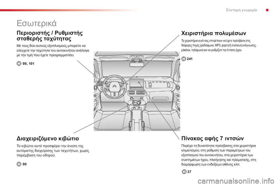 CITROEN C4 CACTUS 2014  ΟΔΗΓΌΣ ΧΡΉΣΗΣ (in Greek) 7
E3_el_Chap00b_prise-en-main_ed01-2014
Εσωτερικά
Πίνακας αφής 7 ιντσών
37
241
Χειριστήρια πολυμέσων
Διαχειριζόμενο κιβώτιο
90
Περ