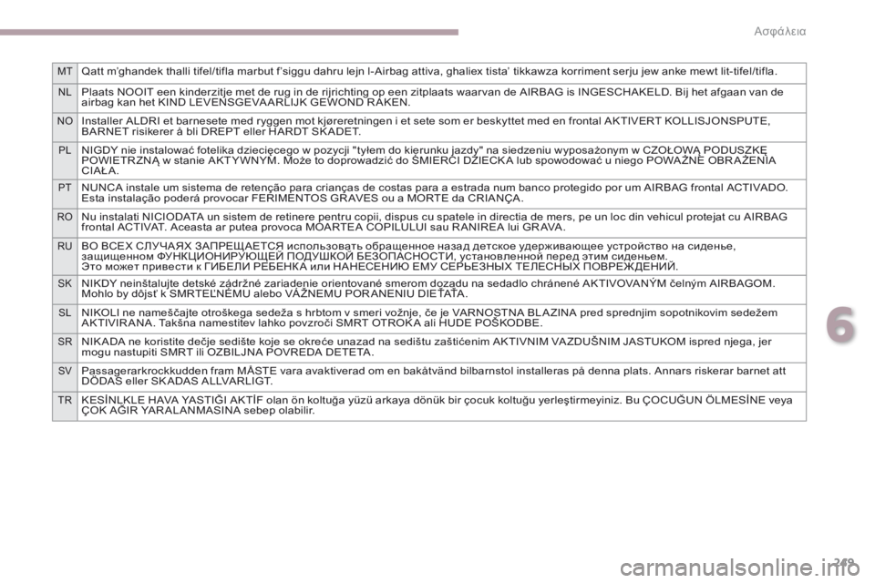 CITROEN C4 SPACETOURER 2018 ΟΔΗΓΌΣ ΧΡΉΣΗΣ (in Greek) 249
MTQatt m’ghandek thalli tifel/tifla marbut f’siggu dahru lejn l-Airbag attiva, ghaliex tista’ tikkawza korriment serju jew anke mewt lit-tifel/tifla.
NLPlaats NOOIT een kinderzitje met de ru CITROEN C4 SPACETOURER 2018 ΟΔΗΓΌΣ ΧΡΉΣΗΣ (in Greek) 249
MTQatt m’ghandek thalli tifel/tifla marbut f’siggu dahru lejn l-Airbag attiva, ghaliex tista’ tikkawza korriment serju jew anke mewt lit-tifel/tifla.
NLPlaats NOOIT een kinderzitje met de ru