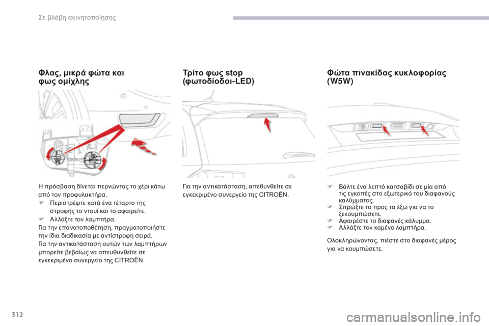 CITROEN C4 SPACETOURER 2018  ΟΔΗΓΌΣ ΧΡΉΣΗΣ (in Greek) 312
C4-Picasso-II_el_Chap08_en-cas-panne_ed02-2016
Φλας, μικρά φώτα και 
φως  ομίχλης
η πρόσβαση δίνεται περνώντας το χέρι κάτω 
α πό τ