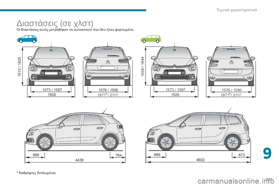 CITROEN C4 SPACETOURER 2018  ΟΔΗΓΌΣ ΧΡΉΣΗΣ (in Greek) 333
C4-Picasso-II_el_Chap09_caracteristiques-techniques_ed02-2016
διαστάσεις (σε χλστ)όι διαστάσεις αυτές μετρήθηκαν σε αυτοκίνητο που δεν 