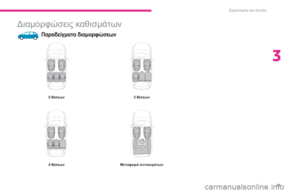 CITROEN C4 SPACETOURER 2018  ΟΔΗΓΌΣ ΧΡΉΣΗΣ (in Greek) 91
C4-Picasso-II_el_Chap03_ergonomie-confort_ed02-2016
διαμορφώσεις καθισμάτων
Παραδείγματα διαμορφώσεων
5 θέσεων
4 θέσεων3 θέσεων
Με