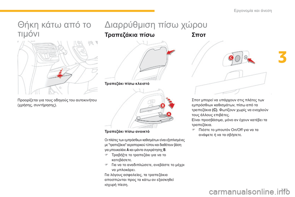 CITROEN C4 SPACETOURER 2016  ΟΔΗΓΌΣ ΧΡΉΣΗΣ (in Greek) 111
C4-Picasso-II_el_Chap03_ergonomie-confort_ed01-2016
Θήκη κάτω από το 
τιμόνι
Προορίζεται για τους οδηγούς του αυτοκινήτου 
(χρήσης, 