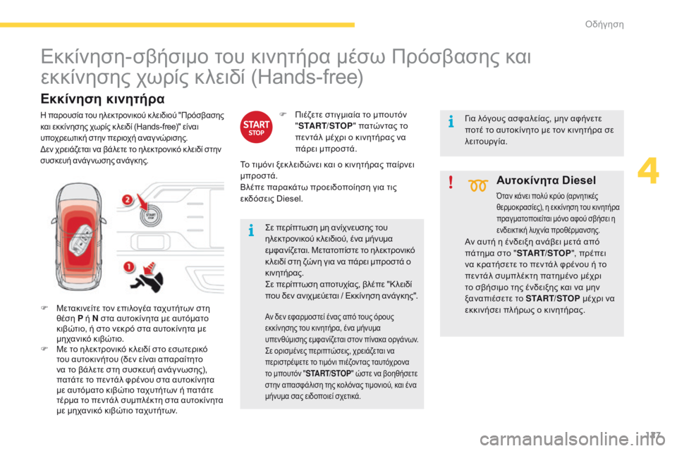 CITROEN C4 SPACETOURER 2016  ΟΔΗΓΌΣ ΧΡΉΣΗΣ (in Greek) 127
C4-Picasso-II_el_Chap04_conduite_ed01-2016
Εκκίνηση-σβήσιμο του κινητήρα μέσω Πρόσβασης και 
εκκίνησης χωρίς κλειδί (Hands-free)
F Μ