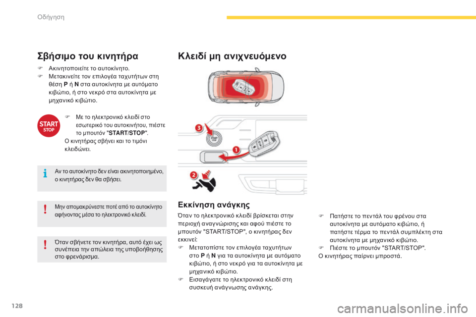 CITROEN C4 SPACETOURER 2016  ΟΔΗΓΌΣ ΧΡΉΣΗΣ (in Greek) 128
C4-Picasso-II_el_Chap04_conduite_ed01-2016
Kλειδί μη ανιχνευόμενο
Εκκίνηση ανάγκης
Όταν το ηλεκτρονικό κ λειδί βρίσκεται στην 