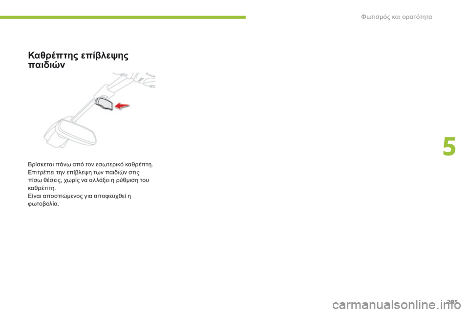 CITROEN C4 SPACETOURER 2016  ΟΔΗΓΌΣ ΧΡΉΣΗΣ (in Greek) 205
C4-Picasso-II_el_Chap05_eclairage-visibilite_ed01-2016
Καθρέπτης επίβλεψης 
παιδιών
Βρίσκεται πάνω από τον εσωτερικό καθρέπτη. 
Επι