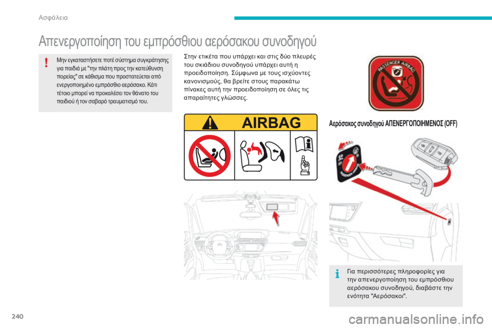 CITROEN C4 SPACETOURER 2016  ΟΔΗΓΌΣ ΧΡΉΣΗΣ (in Greek) 240
C4-Picasso-II_el_Chap06_securite_ed01-2016
Απενεργοποίηση του εμπρόσθιου αερόσακου συνοδηγού
Αερόσακος συνοδηγού ΑΠΕΝΕΡΓΟΠΟ