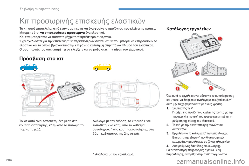 CITROEN C4 SPACETOURER 2016  ΟΔΗΓΌΣ ΧΡΉΣΗΣ (in Greek) 284
C4-Picasso-II_el_Chap08_en-cas-panne_ed01-2016
Το κιτ αυτό είναι τοποθετημένο μέσα στο  
κουτί τακτοποίησης, κάτω από το πάτωμα τ