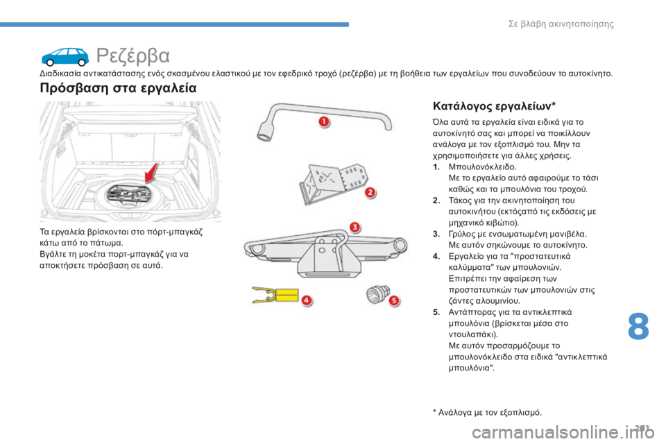 CITROEN C4 SPACETOURER 2016  ΟΔΗΓΌΣ ΧΡΉΣΗΣ (in Greek) 291
C4-Picasso-II_el_Chap08_en-cas-panne_ed01-2016
Ρεζέρβα
Τα εργαλεία βρίσκονται στο πόρτ-μπαγκάζ 
κάτω από το πάτωμα.
Βγάλτε τη μοκ