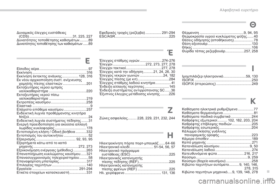 CITROEN C4 SPACETOURER 2016  ΟΔΗΓΌΣ ΧΡΉΣΗΣ (in Greek) 335
C4-Picasso-II_el_Chap11_index-alpha_ed01-2016
Δυναμικός έλεγχος ευστάθειας (CDS) ............... .............................31, 225, 227
Δυνατότητες τοπο