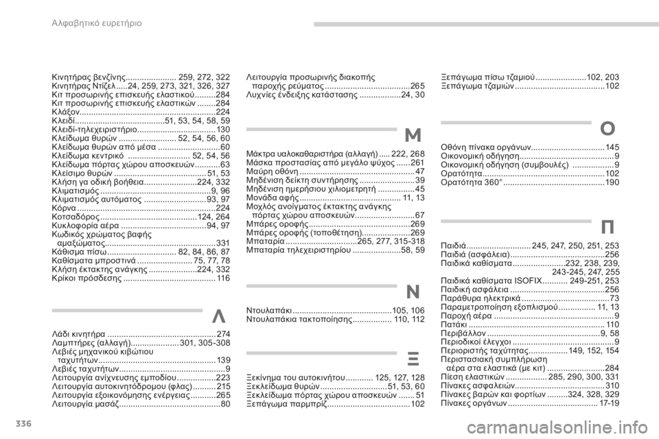 CITROEN C4 SPACETOURER 2016  ΟΔΗΓΌΣ ΧΡΉΣΗΣ (in Greek) 336
C4-Picasso-II_el_Chap11_index-alpha_ed01-2016
Λάδι κινητήρα ...............................................2 74
Λαμπτήρες (αλ λαγή)  .....................3
01, 305-308
