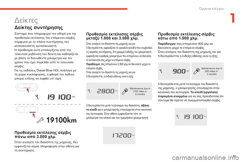 CITROEN C4 SPACETOURER 2016  ΟΔΗΓΌΣ ΧΡΉΣΗΣ (in Greek) 37
C4-Picasso-II_el_Chap01_instruments-bord_ed01-2016
Δείκτης συντήρησης
Σύστημα που πληροφορεί τον οδηγό για την 
προθεσμία εκτέλεσ