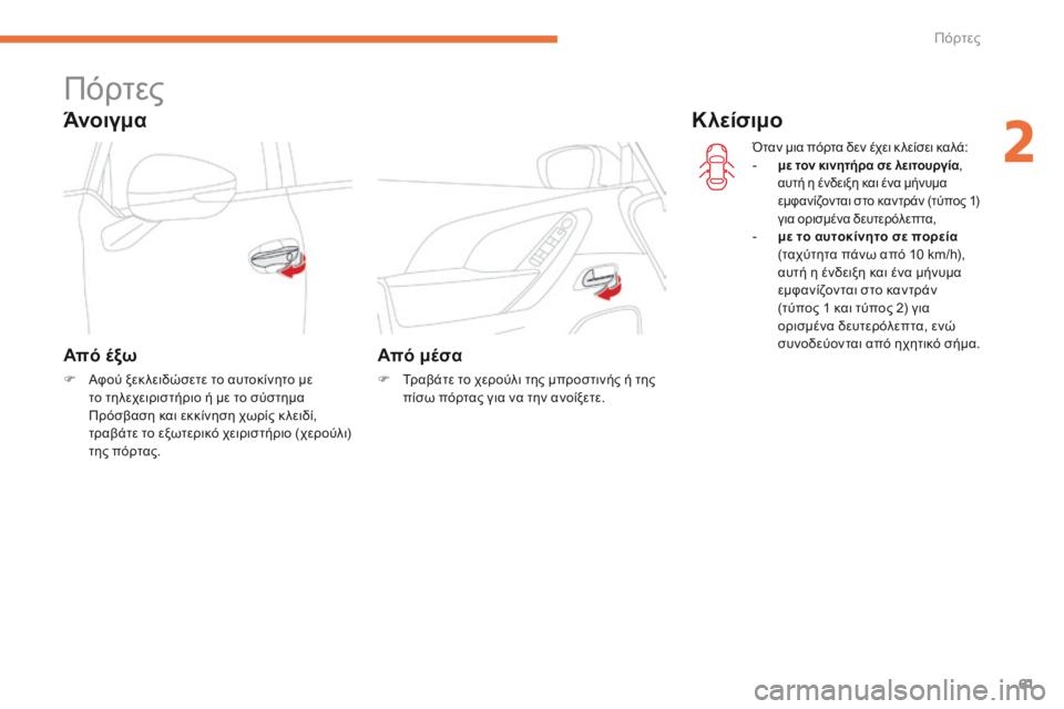 CITROEN C4 SPACETOURER 2016  ΟΔΗΓΌΣ ΧΡΉΣΗΣ (in Greek) 61
C4-Picasso-II_el_Chap02_ouvertures_ed01-2016
Πόρτες
Άνοιγμα
Από έξω
F Αφού ξεκ λειδώσετε το αυτοκίνητο με το τηλεχειριστήριο ή μ