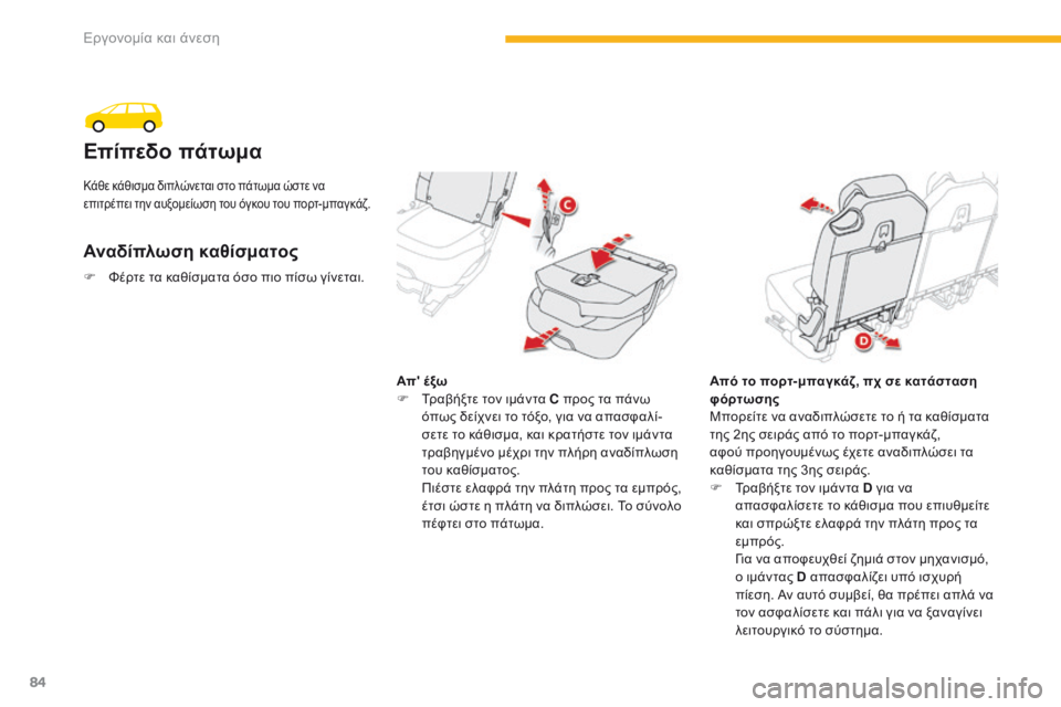 CITROEN C4 SPACETOURER 2016  ΟΔΗΓΌΣ ΧΡΉΣΗΣ (in Greek) 84
C4-Picasso-II_el_Chap03_ergonomie-confort_ed01-2016
Επίπεδο πάτωμα
Αναδίπλωση καθίσματος
Απ' έξω
F Τ ραβήξτε τον ιμάντα C προς τα π