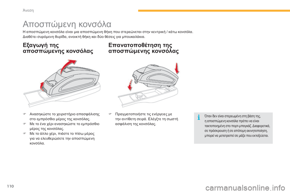 CITROEN C4 SPACETOURER 2015  ΟΔΗΓΌΣ ΧΡΉΣΗΣ (in Greek) 110
C4-Picasso-II_el_Chap03_confort_ed01-2014
Αποσπώμενη κονσόλα
η αποσπώμενη κονσόλα είναι μια αποσπώμενη θήκη που στερεώνεται 