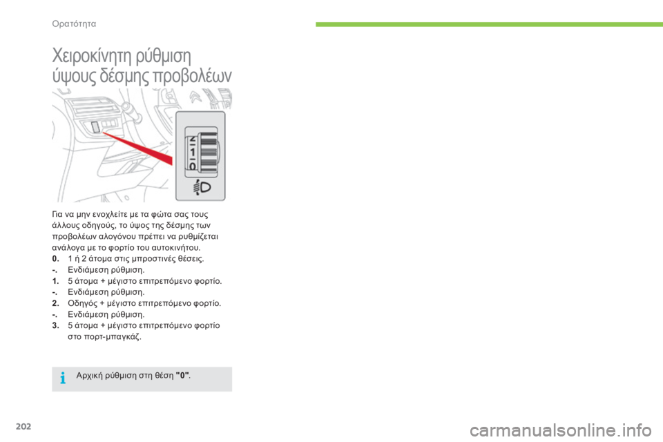 CITROEN C4 SPACETOURER 2015  ΟΔΗΓΌΣ ΧΡΉΣΗΣ (in Greek) 202
C4-Picasso-II_el_Chap05_visibilite_ed01-2014
για να μην ενοχλείτε με τα φώτα σας τους 
άλ λους οδηγούς, το ύψος της δέσμης των 
πρ