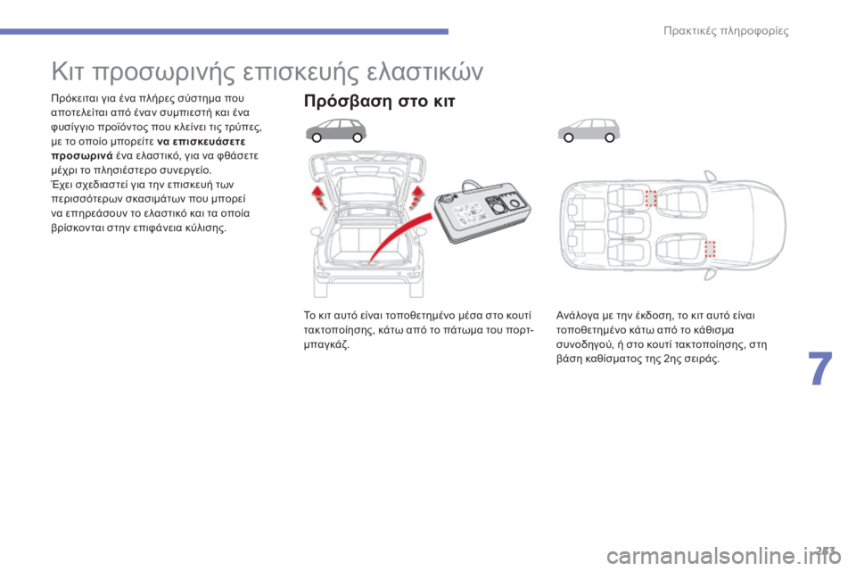 CITROEN C4 SPACETOURER 2015  ΟΔΗΓΌΣ ΧΡΉΣΗΣ (in Greek) 253
C4-Picasso-II_el_Chap07_info-pratiques_ed01-2014
Το κιτ αυτό είναι τοποθετημένο μέσα στο κουτί 
τακτοποίησης, κάτω από το πάτωμα τ