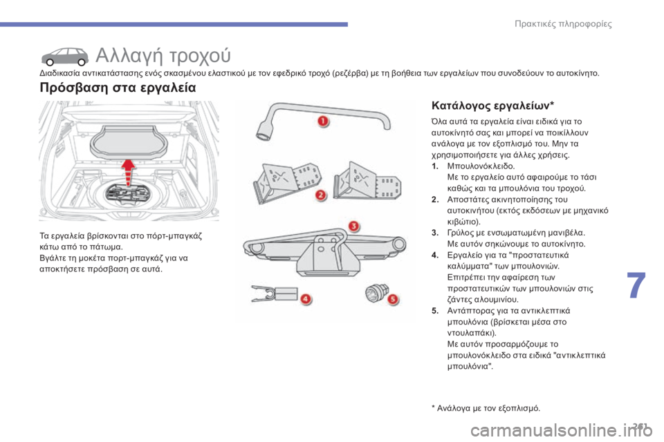 CITROEN C4 SPACETOURER 2015  ΟΔΗΓΌΣ ΧΡΉΣΗΣ (in Greek) 261
C4-Picasso-II_el_Chap07_info-pratiques_ed01-2014
Αλλαγή τροχού
Τα εργαλεία βρίσκονται στο πόρτ-μπαγκάζ 
κάτω από το πάτωμα.
Βγάλτ