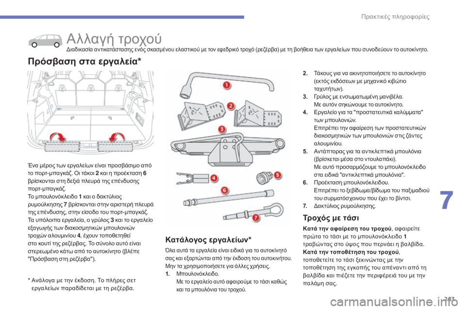CITROEN C4 SPACETOURER 2015  ΟΔΗΓΌΣ ΧΡΉΣΗΣ (in Greek) 263
C4-Picasso-II_el_Chap07_info-pratiques_ed01-2014
*  Ανάλογα με την έκδοση. Το πλήρες σετ εργαλείων παραδίδεται με τη ρεζέρβα.
Αλλαγ