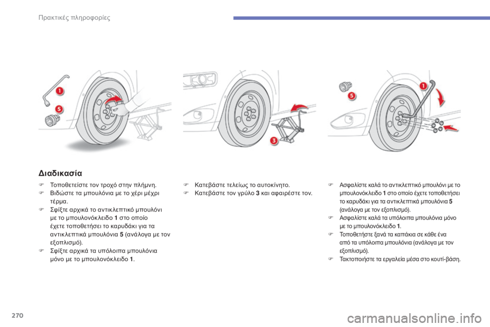 CITROEN C4 SPACETOURER 2015  ΟΔΗΓΌΣ ΧΡΉΣΗΣ (in Greek) 270
C4-Picasso-II_el_Chap07_info-pratiques_ed01-2014
F Κατεβάστε τελείως το αυτοκίνητο.
F Κ ατεβάστε τον γρύλο 3 και αφαιρέστε τον. F
 Ασ