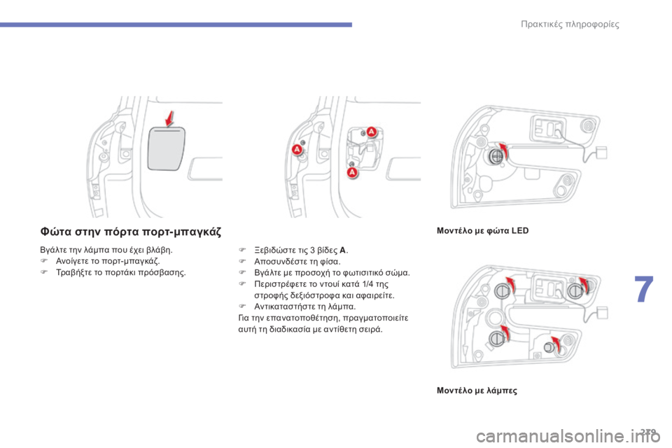 CITROEN C4 SPACETOURER 2015  ΟΔΗΓΌΣ ΧΡΉΣΗΣ (in Greek) 279
C4-Picasso-II_el_Chap07_info-pratiques_ed01-2014
Φώτα στην πόρτα πορτ-μπαγκάζΜοντέ λο με φώτα LED
Μοντέ λο με λάμπες
Βγάλτε την λάμ